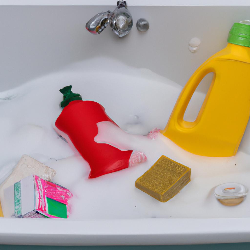 Soaking the bathtub with cleaning products to loosen dirt and stains.