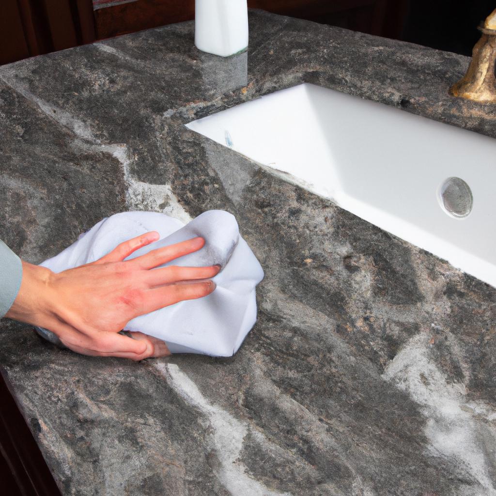 Cleaning granite bathroom vanity with natural cleaner