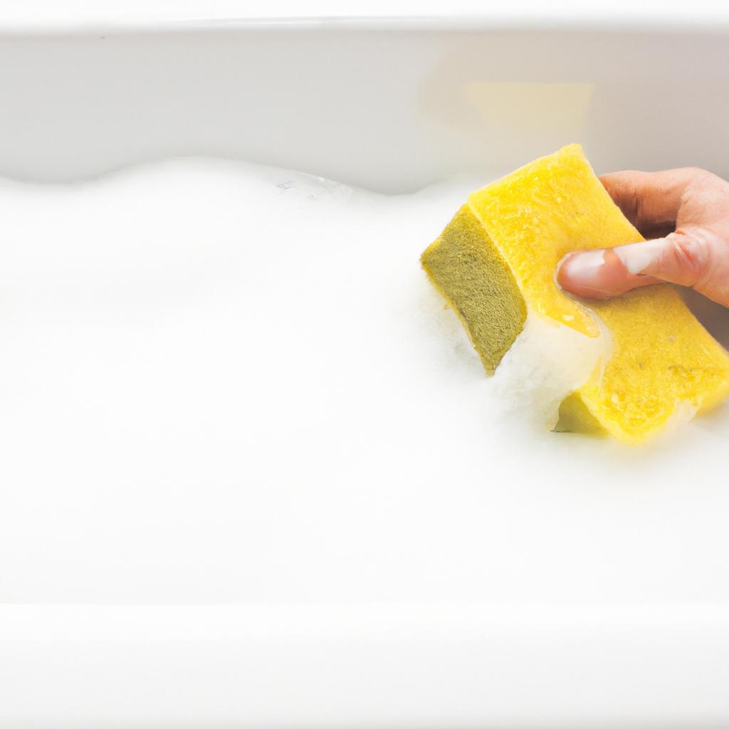Wiping down the bathtub with a sponge to remove any remaining dirt and residue.