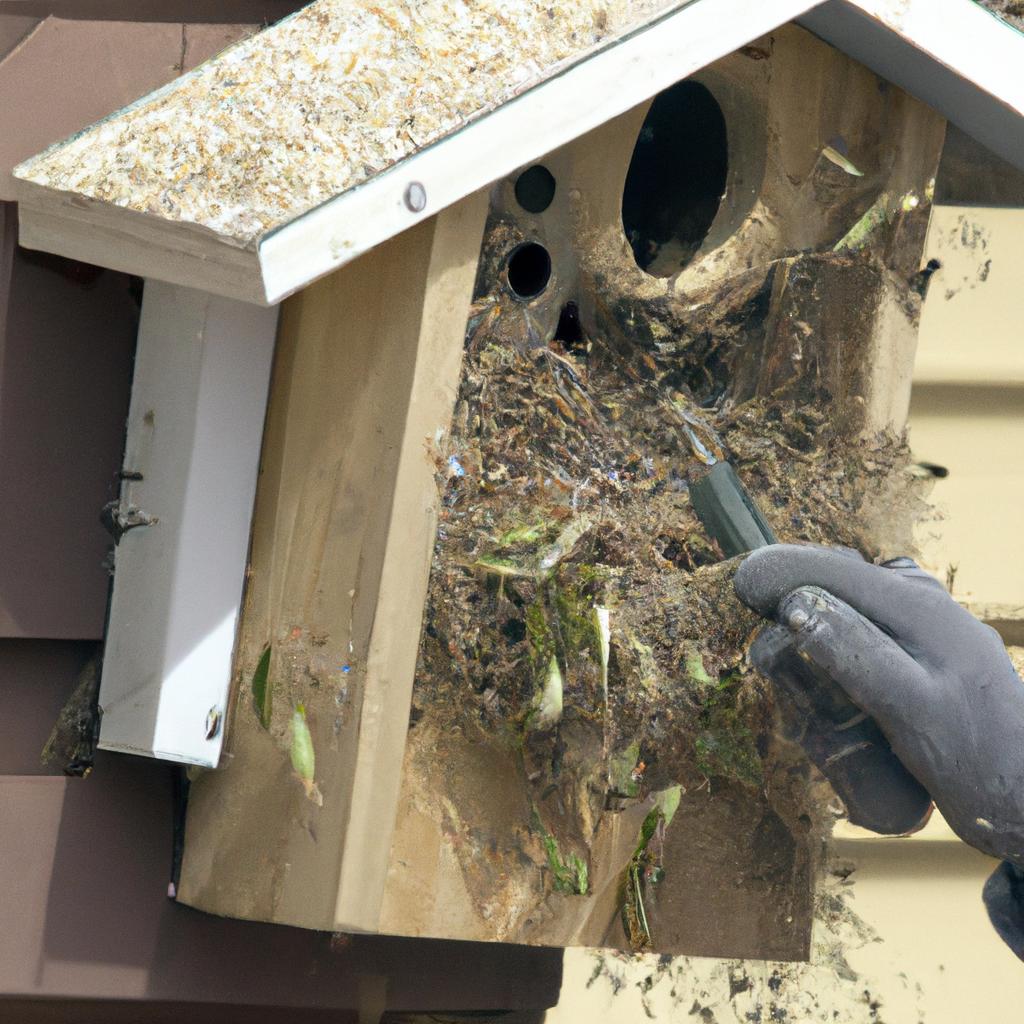 Removing old nesting material is the first step to cleaning a birdhouse.