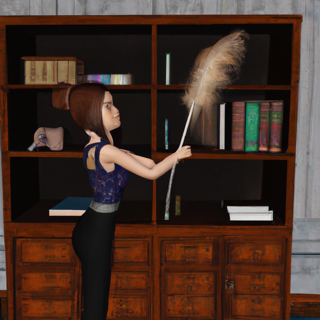 Using a feather duster is a great way to gently remove dust from delicate surfaces such as bookshelves.